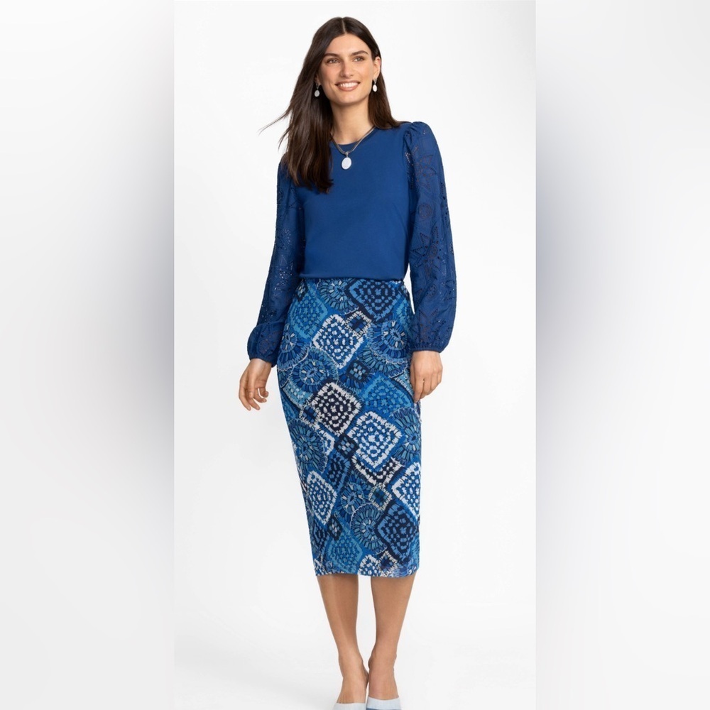 Johnny Was Jade Lizandrea Mesh Blue Geometric Midi Skirt